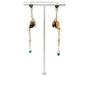 Whimsical Tea Cup Spilling Gold Tone Chains & Crystals Dangle Earrings
